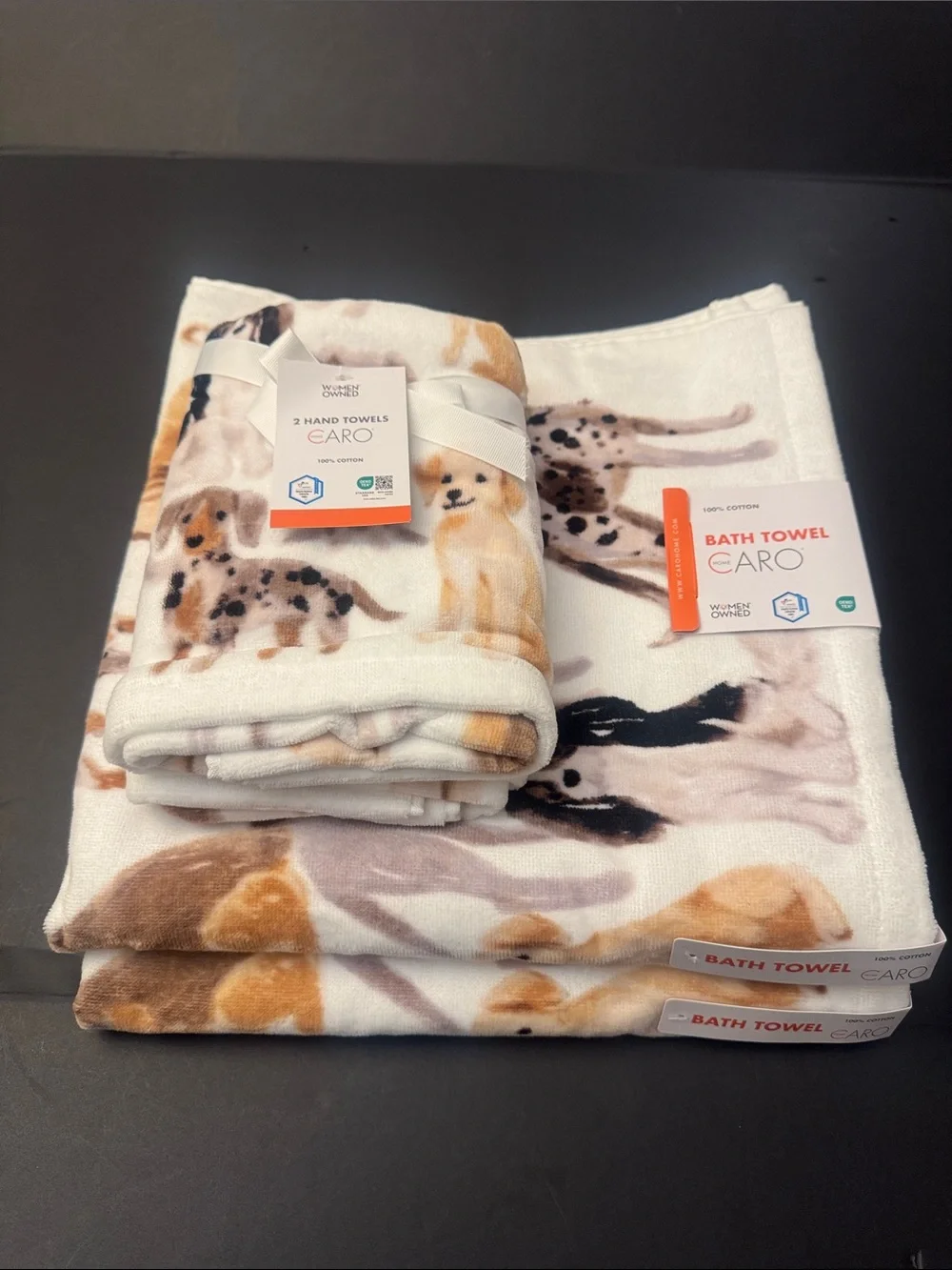 4pc CARO HOME 💯% Cotton Dog Print Pattern Bath Towel Set - Neutral/White
